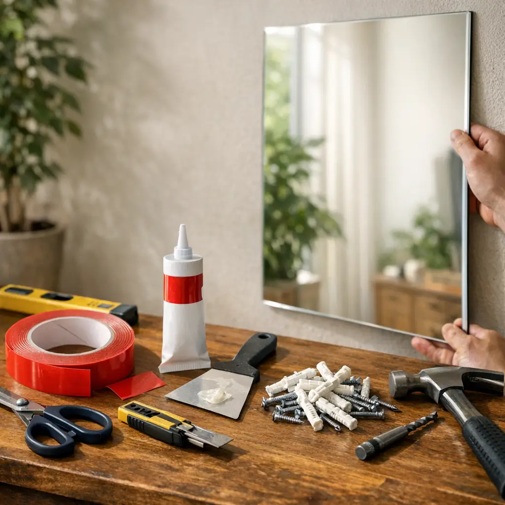 Como fixar espelho na parede: fita ou bucha? mãos alinhando espelho, fita, cola, buchas e ferramentas