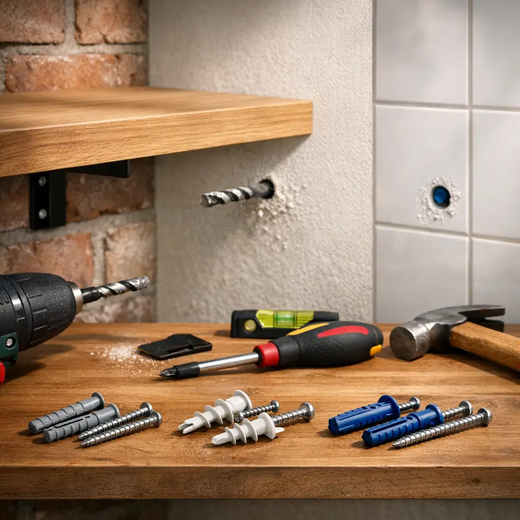 Como instalar prateleira na parede: bucha certa, furadeira e broca na parede, nível e buchas com parafusos na bancada