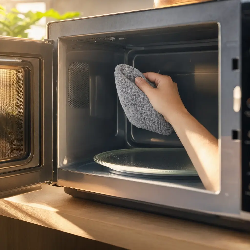 Como limpar micro-ondas: tirar gordura sem cheiro, mão com pano limpando interior do micro-ondas aberto