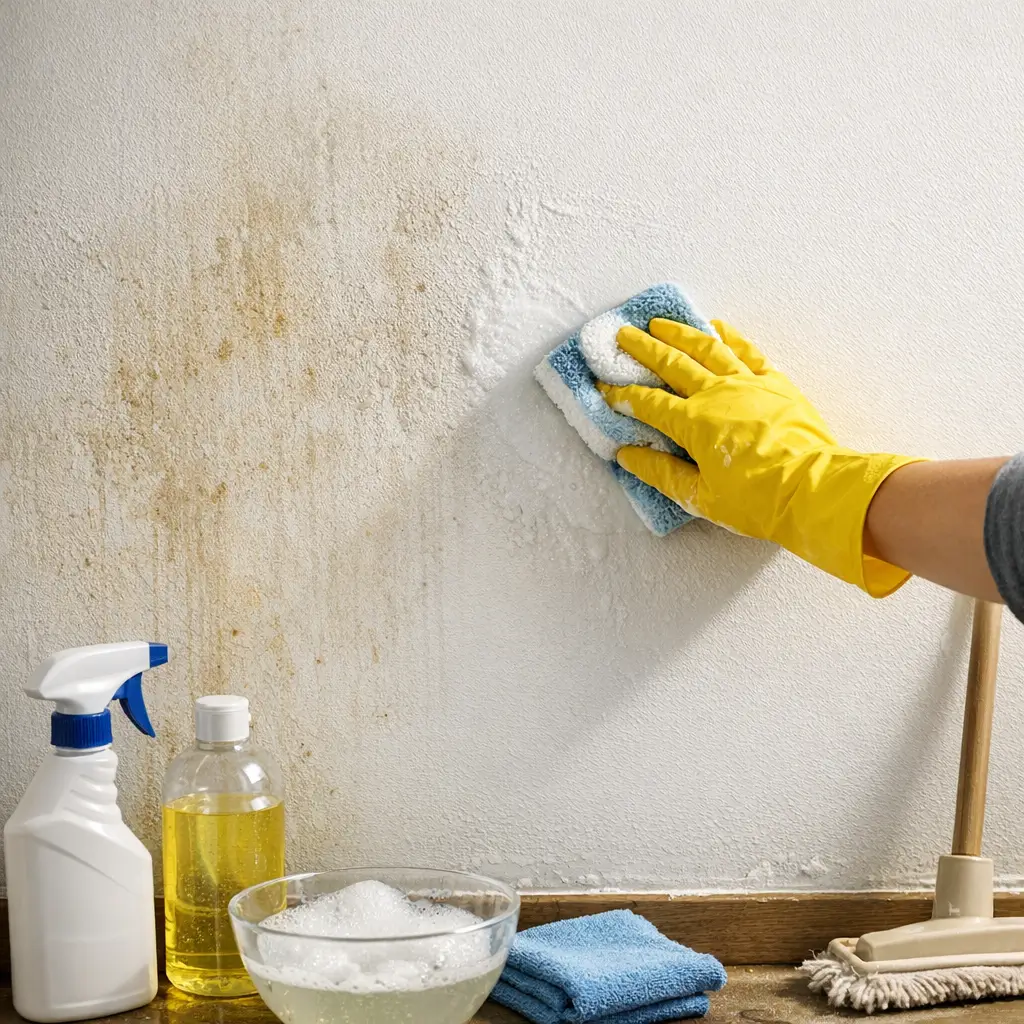 Como limpar parede branca encardida sem estragar a tinta, luva amarela esfregando parede com esponja e produtos de limpeza