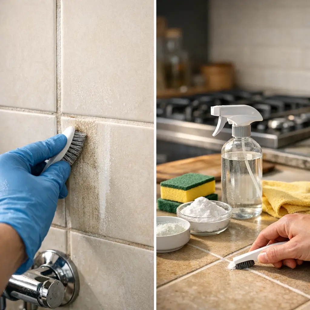Como limpar rejunte do banheiro e da cozinha rápido: escova no rejunte, spray e bicarbonato