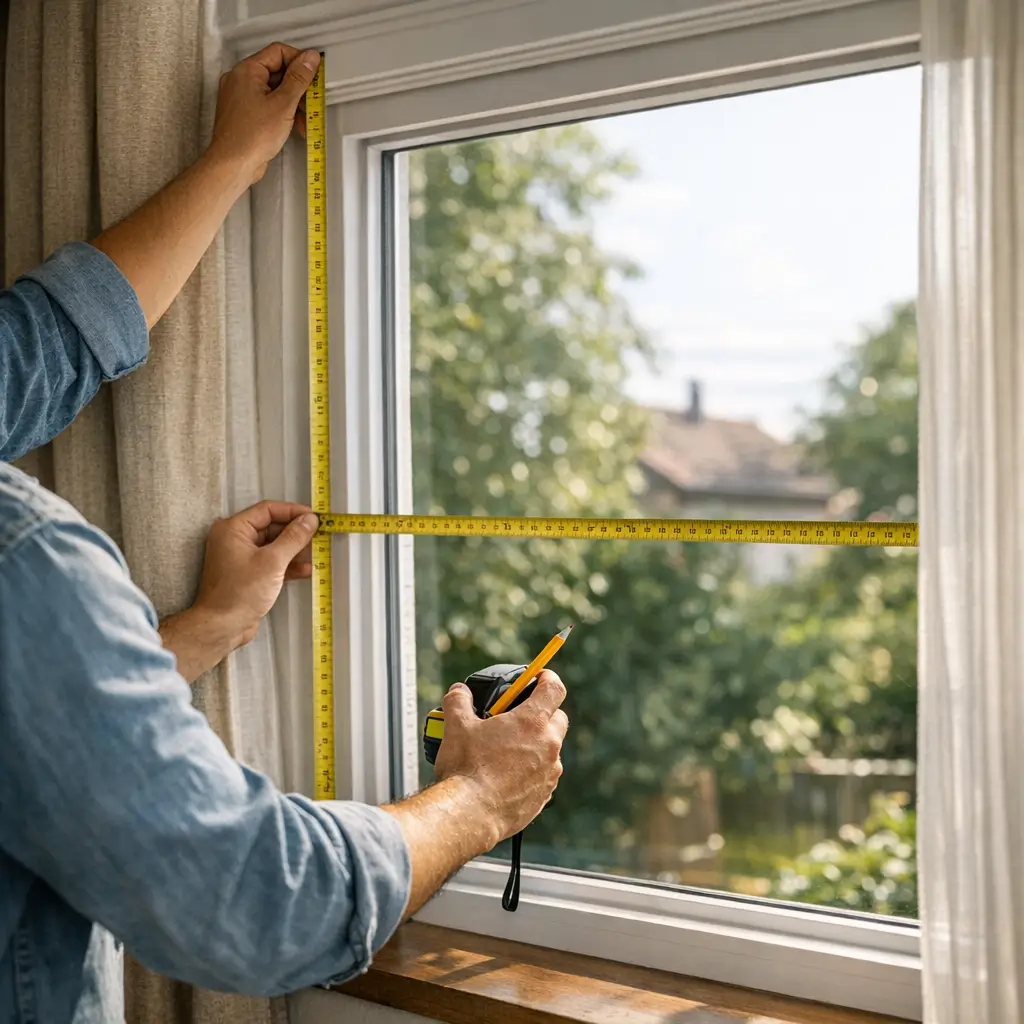 Como medir janela para cortina: largura e altura com trena na janela e lápis anotando