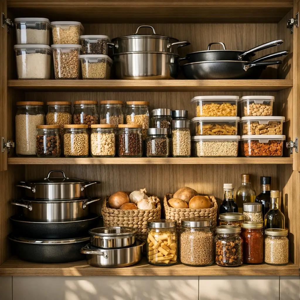 Como organizar armário de cozinha: potes e panelas em armário de madeira com panelas, potes de mantimentos e garrafas de óleo