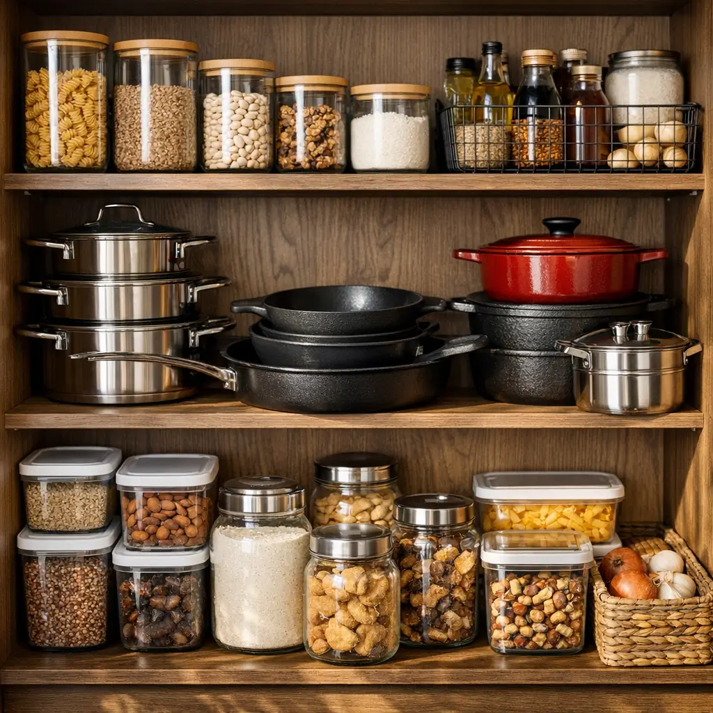 Como organizar armário de cozinha: potes e panelas em prateleiras com panelas, potes de mantimentos e cesta de legumes