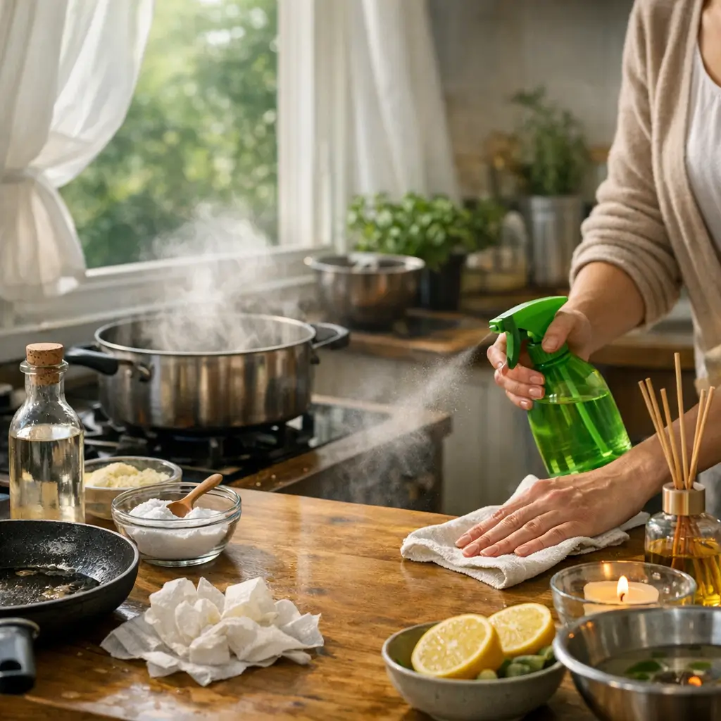 Como tirar cheiro de fritura da casa: truques rápidos, borrifador verde, pano na bancada, panela com vapor, limão e vela