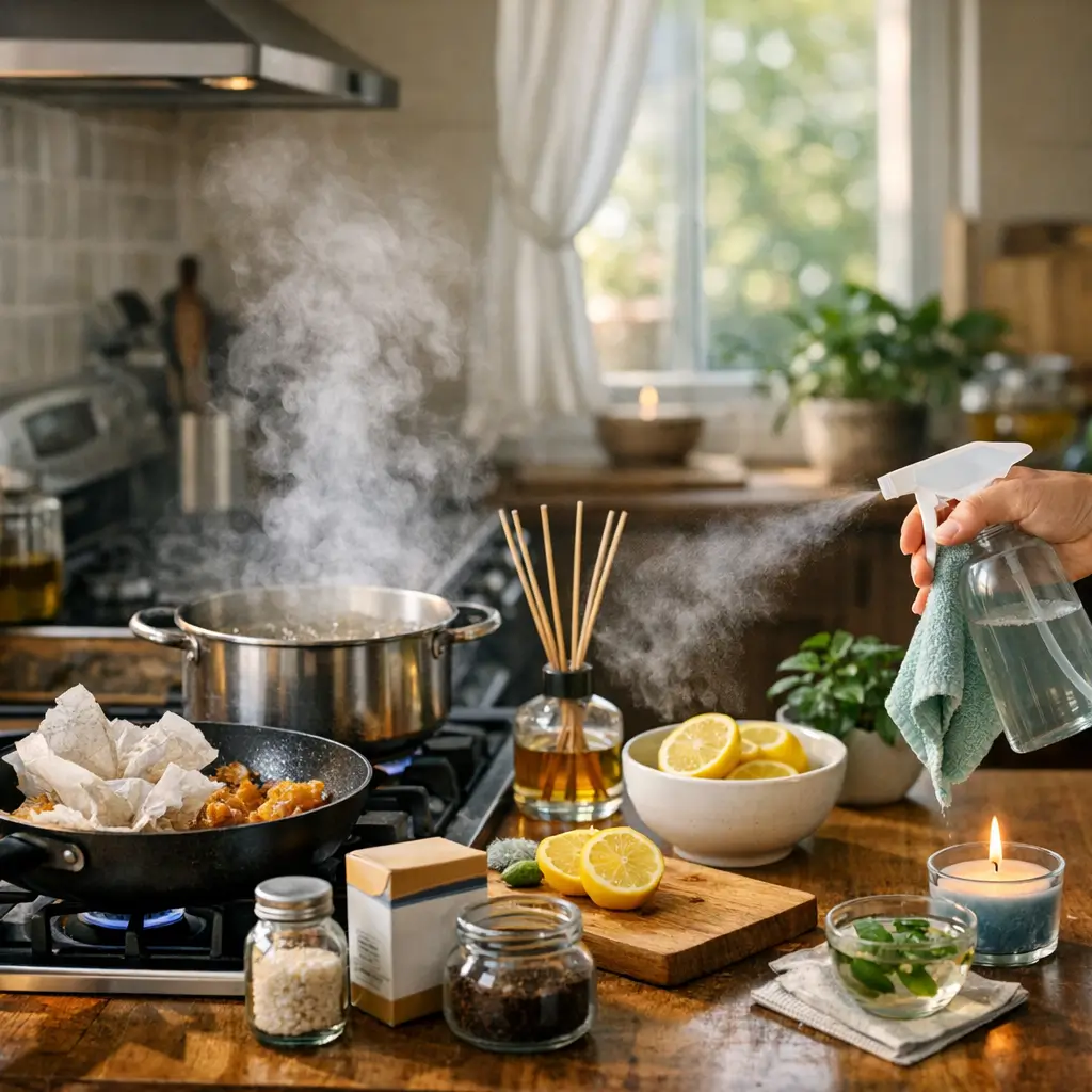 Como tirar cheiro de fritura da casa: truques rápidos, panela soltando vapor, limão, vela e spray na cozinha