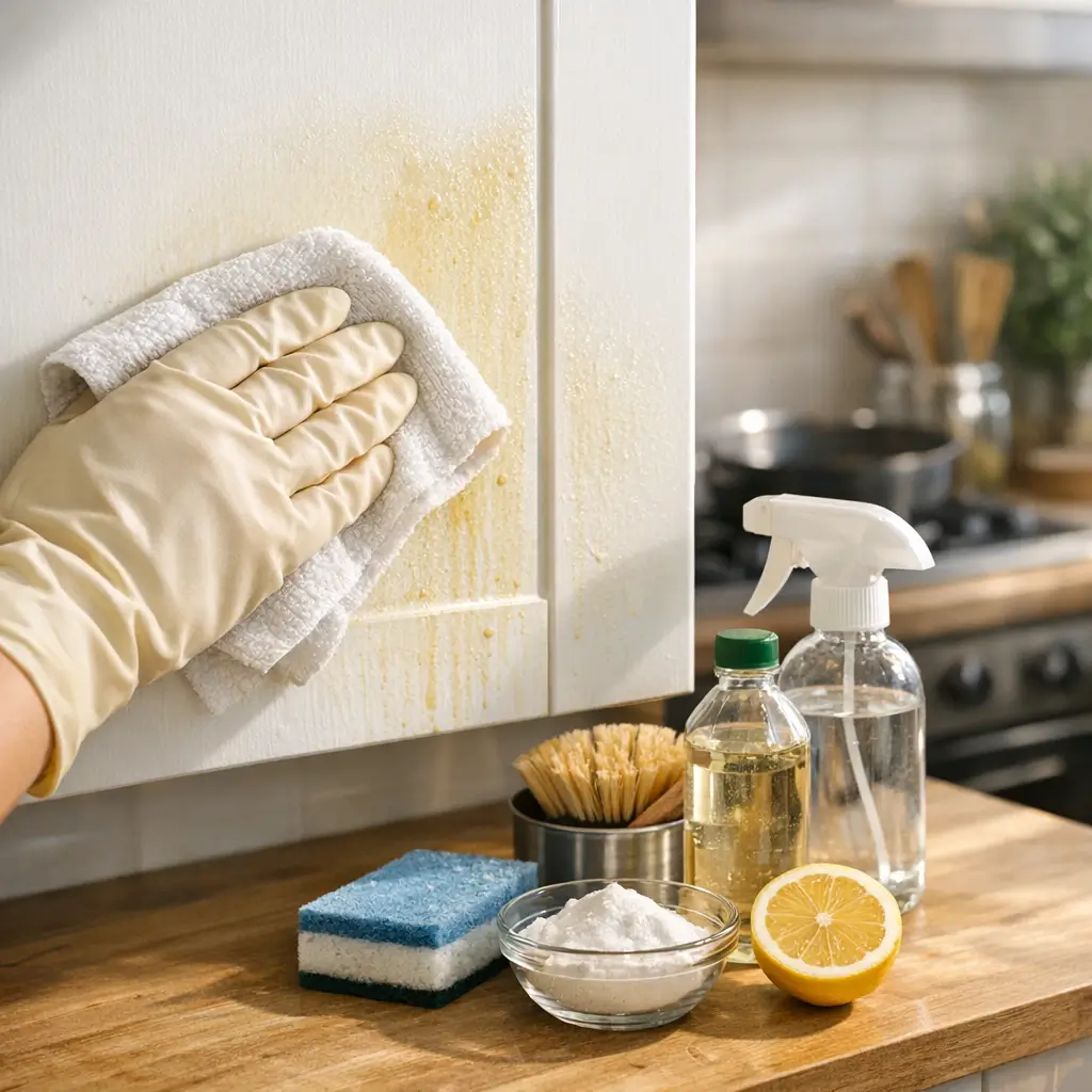 Como tirar gordura do armário da cozinha: o que funciona, mão com luva limpando armário branco com gordura, spray e limão na bancada