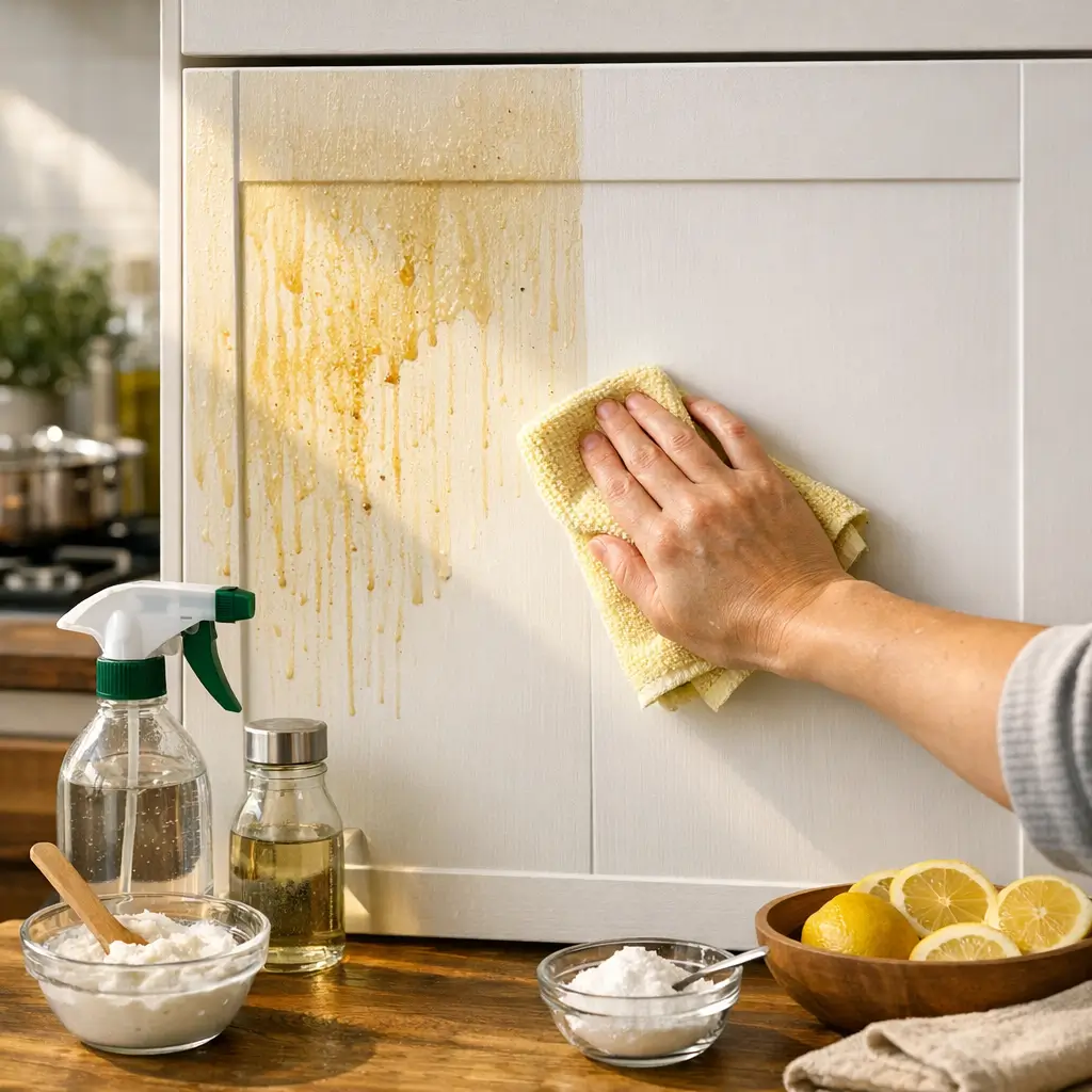 Como tirar gordura do armário da cozinha: o que funciona, mão limpando armário branco engordurado com pano e itens de limpeza na bancada