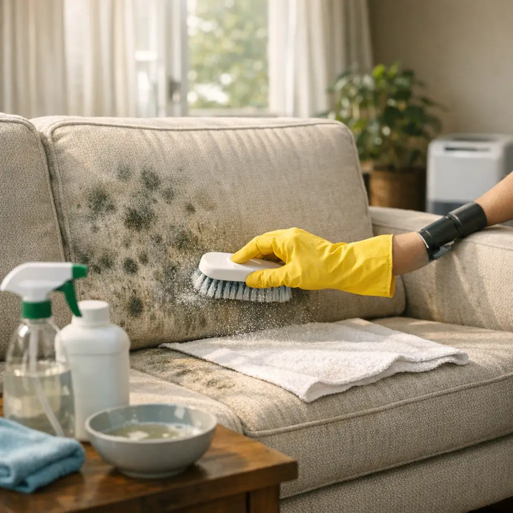 Como tirar mofo do sofá e evitar que volte, luva amarela escovando mofo no encosto do sofá com frascos de limpeza na mesa