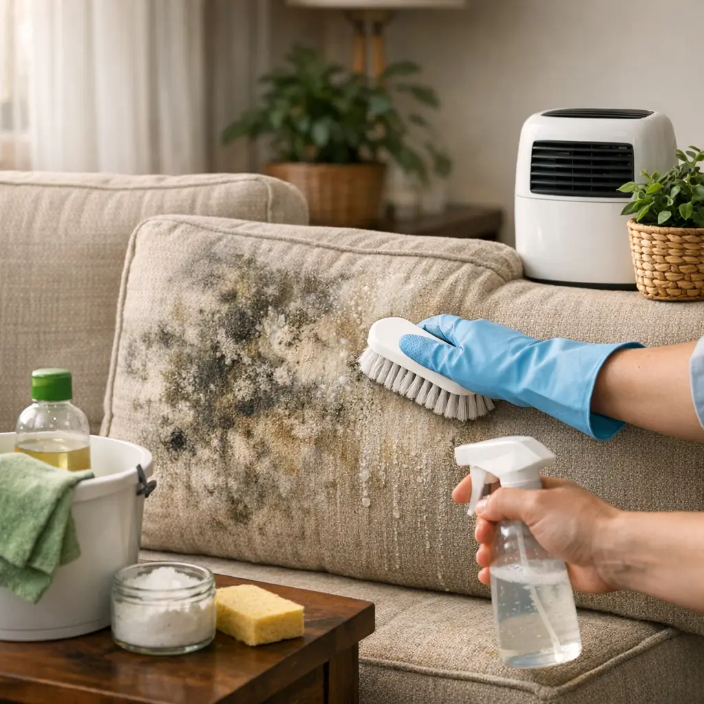 Como tirar mofo do sofá e evitar que volte, luva escovando estofado mofado com spray e produtos de limpeza na mesa