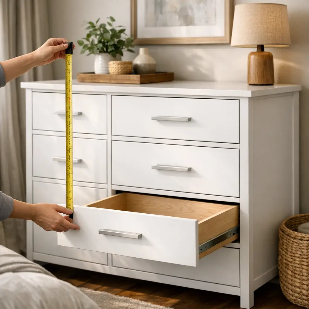 Cômoda para quarto: como escolher tamanho e gavetas, cômoda branca com gaveta aberta sendo medida com trena