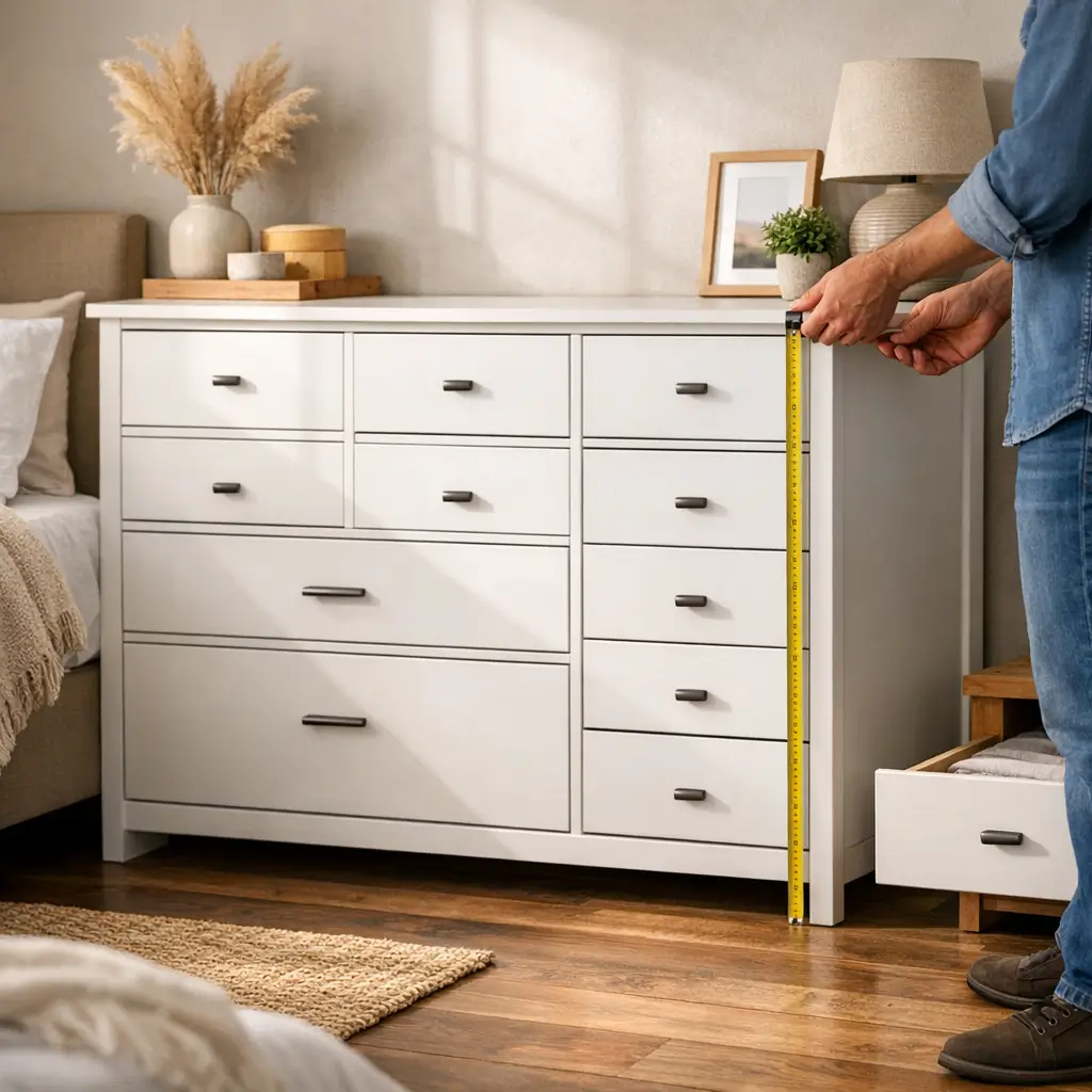 Cômoda para quarto: como escolher tamanho e gavetas, pessoa medindo cômoda branca com trena