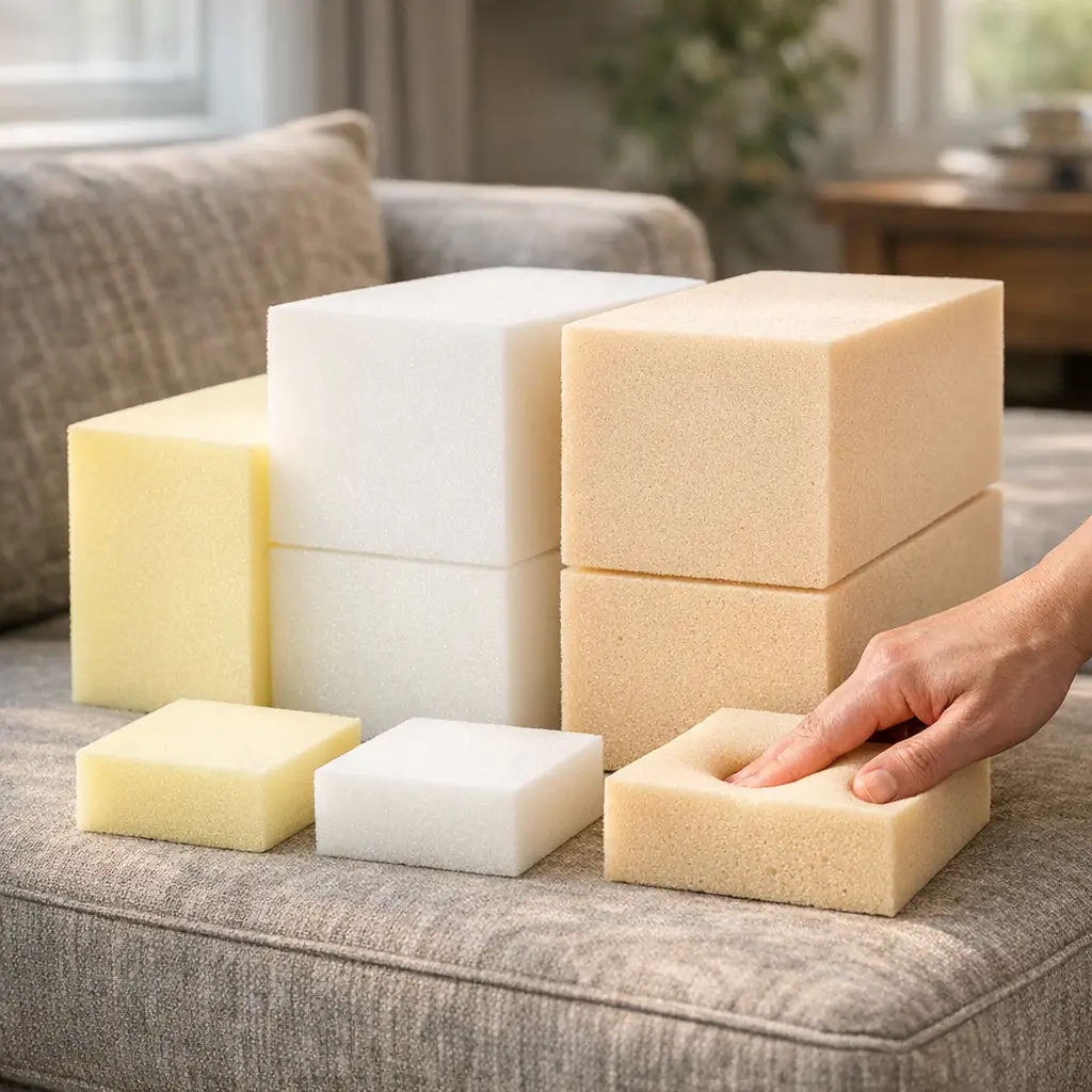 Espuma do sofá D23 D26 D28: qual dura mais? blocos de espuma no sofá e mão pressionando