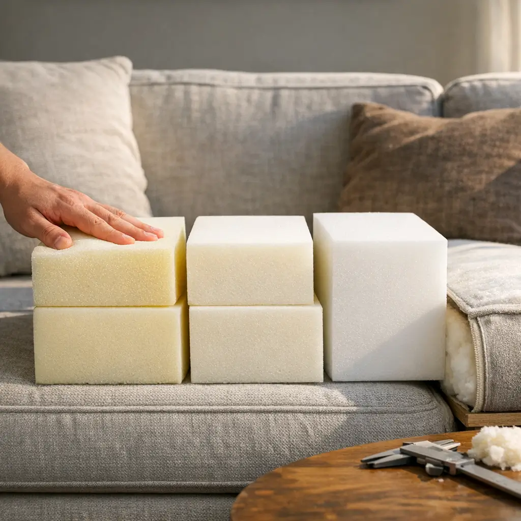 Espuma do sofá D23 D26 D28: qual dura mais? mão pressionando blocos no sofá