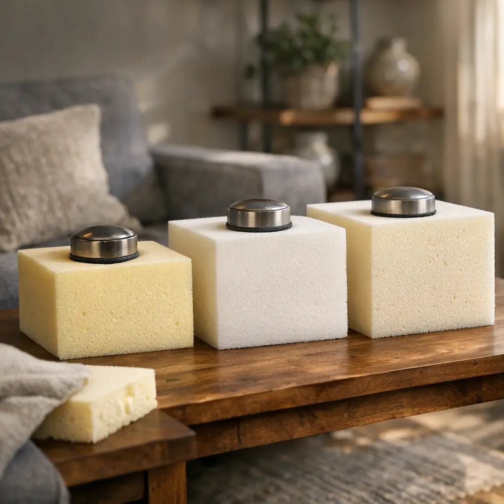 Espuma do sofá D23 D26 D28: qual dura mais? pesos sobre blocos de espuma na mesa