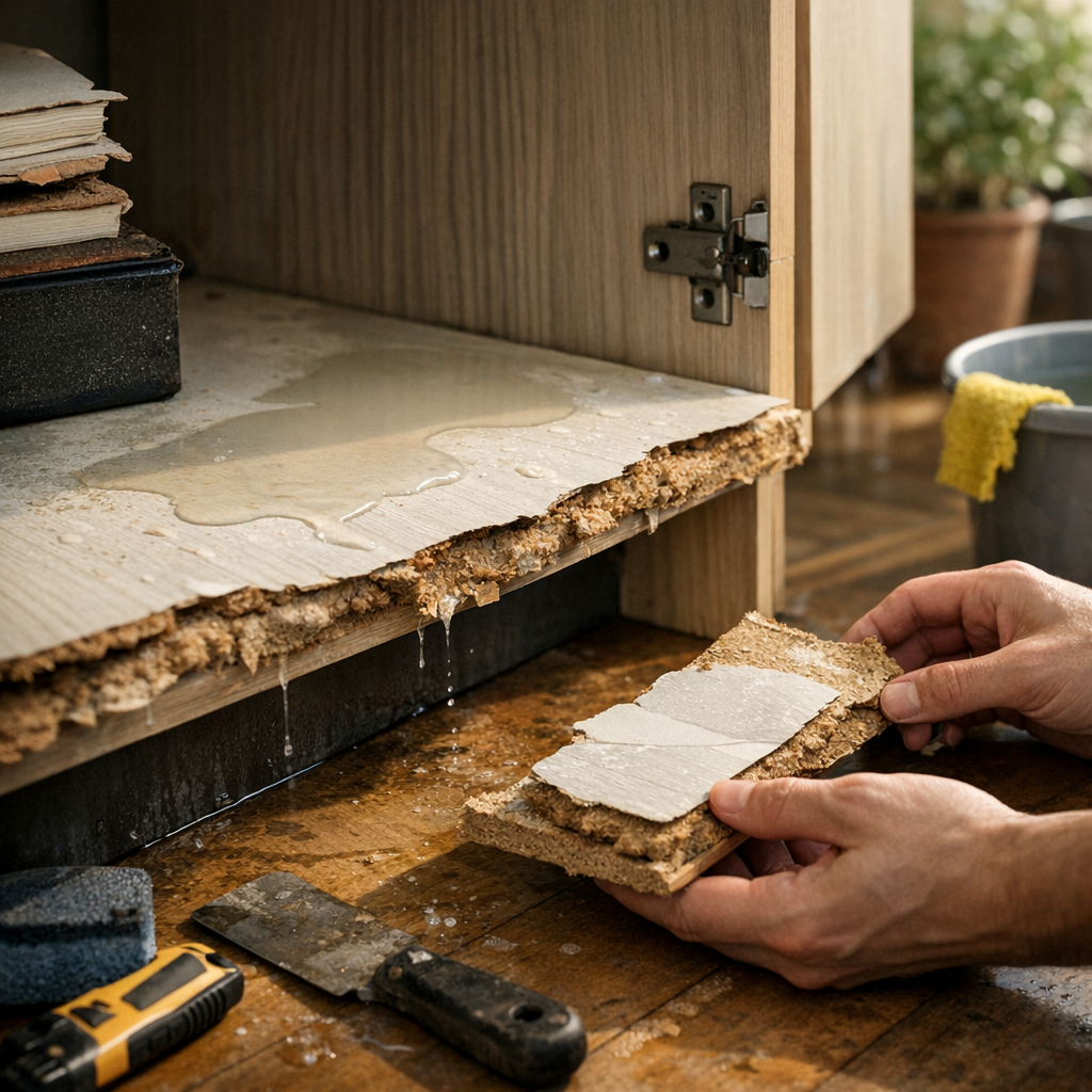 MDF estufou com água: como salvar e evitar, prateleira inchada e peça quebrada na mão