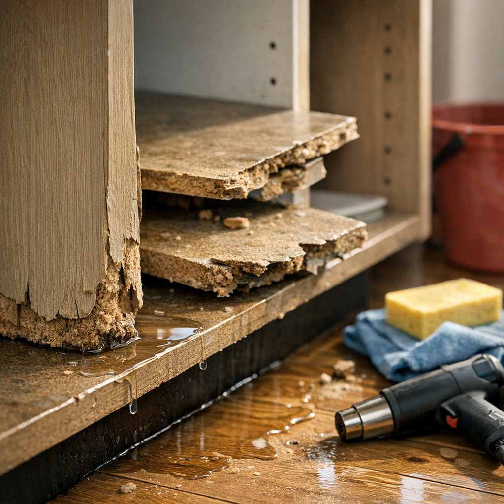 MDF estufou com água: como salvar e evitar, prateleiras estufadas e secador térmico no chão