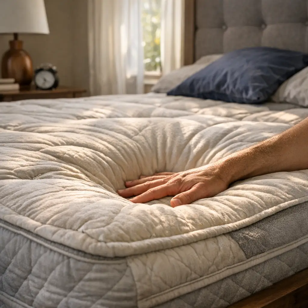 Mão pressionando área afundada do colchão Colchão afundando: causas e como evitar piorar