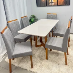 Mesa De Jantar Bali 160x80cm Com Vidro E 6 Cadeiras California Em Linho Estofadas Minas Plac 99953
