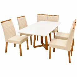 Mesa De Jantar Bali 160x80cm Com Vidro E 6 Cadeiras California Em Linho Estofadas Minas Plac Cinamomo Off White Com Tecido Bege 51722