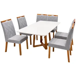 Mesa De Jantar Bali 160x80cm Com Vidro E 6 Cadeiras California Em Linho Estofadas Minas Plac Cinamomo Off White Com Tecido Cinza 63952