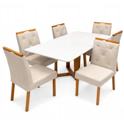 Mesa De Jantar Bali 160x80cm Com Vidro E 6 Cadeiras Jasmim Em Veludo Estofadas Minas Plac Cinamomo Off White Com Tecido Bege 75420