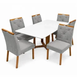 Mesa De Jantar Bali 160x80cm Com Vidro E 6 Cadeiras Jasmim Em Veludo Estofadas Minas Plac Cinamomo Off White Com Tecido Cinza 59168
