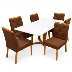 Mesa De Jantar Bali 160x80cm Com Vidro E 6 Cadeiras Jasmim Em Veludo Estofadas Minas Plac Cinamomo Off White Com Tecido Marrom 88405