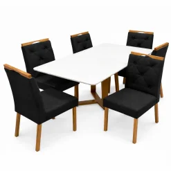 Mesa De Jantar Bali 160x80cm Com Vidro E 6 Cadeiras Jasmim Em Veludo Estofadas Minas Plac Cinamomo Off White Com Tecido Preto 89824