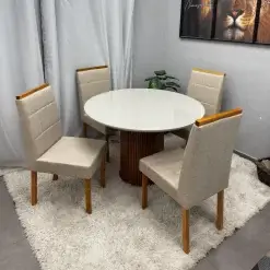 Mesa De Jantar Dara 110cm Redonda Com Vidro E 4 Cadeiras Giulia Em Veludo Estofadas Lj Moveis 55594