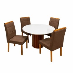 Mesa De Jantar Dara 110cm Redonda Com Vidro E 4 Cadeiras Giulia Em Veludo Estofadas Lj Moveis Cinamomo Off White Com Tecido Marrom 70738