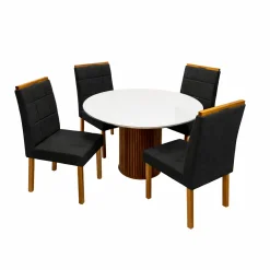 Mesa De Jantar Dara 110cm Redonda Com Vidro E 4 Cadeiras Giulia Em Veludo Estofadas Lj Moveis Cinamomo Off White Com Tecido Preto 65671