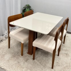 Mesa De Jantar Florenca 120x80cm Com Vidro E 4 Cadeiras Barcelona Em Linho Madeira Lj Moveis 82487