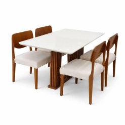 Mesa De Jantar Florenca 120x80cm Com Vidro E 4 Cadeiras Barcelona Em Linho Madeira Lj Moveis Cinamomo Off White Com Tecido Bege 77334