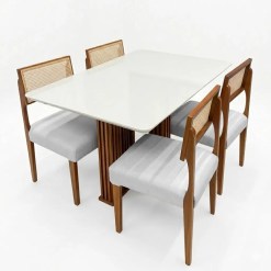 Mesa De Jantar Florenca 120x80cm Com Vidro E 4 Cadeiras Grecia Em Linho Madeira Lj Moveis Cinamomo Off White Com Tecido Cinza 59479