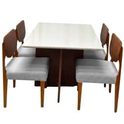 Mesa De Jantar Helo 120x90cm Com Vidro E 4 Cadeiras Barcelona Em Linho Madeira Poliman Mel Off White Com Tecido Cinza 32550