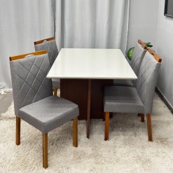 Mesa De Jantar Helo 120x90cm Com Vidro E 4 Cadeiras California Em Linho Estofadas Poliman 98806