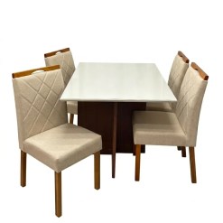 Mesa De Jantar Helo 120x90cm Com Vidro E 4 Cadeiras California Em Linho Estofadas Poliman Mel Off White Com Tecido Bege 79600