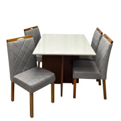 Mesa De Jantar Helo 120x90cm Com Vidro E 4 Cadeiras California Em Linho Estofadas Poliman Mel Off White Com Tecido Cinza 75940