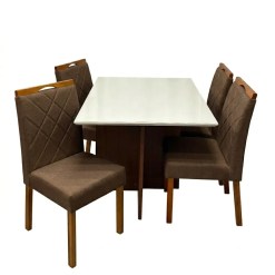 Mesa De Jantar Helo 120x90cm Com Vidro E 4 Cadeiras California Em Veludo Estofadas Poliman Mel Off White Com Assento Marrom 53684