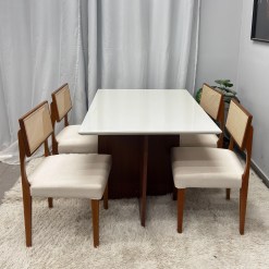 Mesa De Jantar Helo 120x90cm Com Vidro E 4 Cadeiras Grecia Em Linho Madeira Poliman 52385