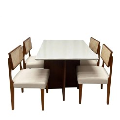 Mesa De Jantar Helo 120x90cm Com Vidro E 4 Cadeiras Grecia Em Linho Madeira Poliman Mel Off White Com Tecido Bege 52371