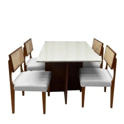 Mesa De Jantar Helo 120x90cm Com Vidro E 4 Cadeiras Grecia Em Linho Madeira Poliman Mel Off White Com Tecido Cinza 87729