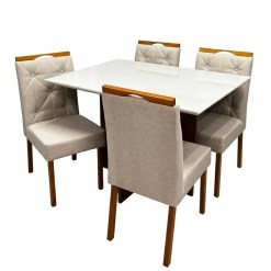 Mesa De Jantar Helo 120x90cm Com Vidro E 4 Cadeiras Jasmim Em Veludo Estofadas Poliman Mel Off White Com Assento Bege 42338
