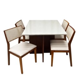 Mesa De Jantar Helo 120x90cm Com Vidro E 4 Cadeiras Oiti Em Linho Madeira Poliman Mel Off White Com Tecido Bege 98210