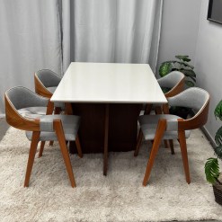 Mesa De Jantar Helo 120x90cm Com Vidro E 4 Cadeiras Perola Em Linho Madeira Poliman 51486