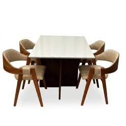Mesa De Jantar Helo 120x90cm Com Vidro E 4 Cadeiras Perola Em Linho Madeira Poliman Mel Off White Com Tecido Bege 49659