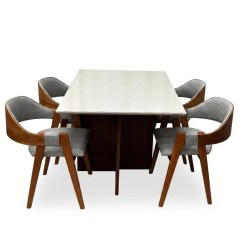 Mesa De Jantar Helo 120x90cm Com Vidro E 4 Cadeiras Perola Em Linho Madeira Poliman Mel Off White Com Tecido Cinza 58921