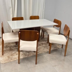 Mesa De Jantar Helo 160x90cm Com Vidro E 6 Cadeiras Barcelona Em Linho Madeira Poliman 83583