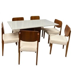 Mesa De Jantar Helo 160x90cm Com Vidro E 6 Cadeiras Barcelona Em Linho Madeira Poliman Mel Off White Com Tecido Bege 35472